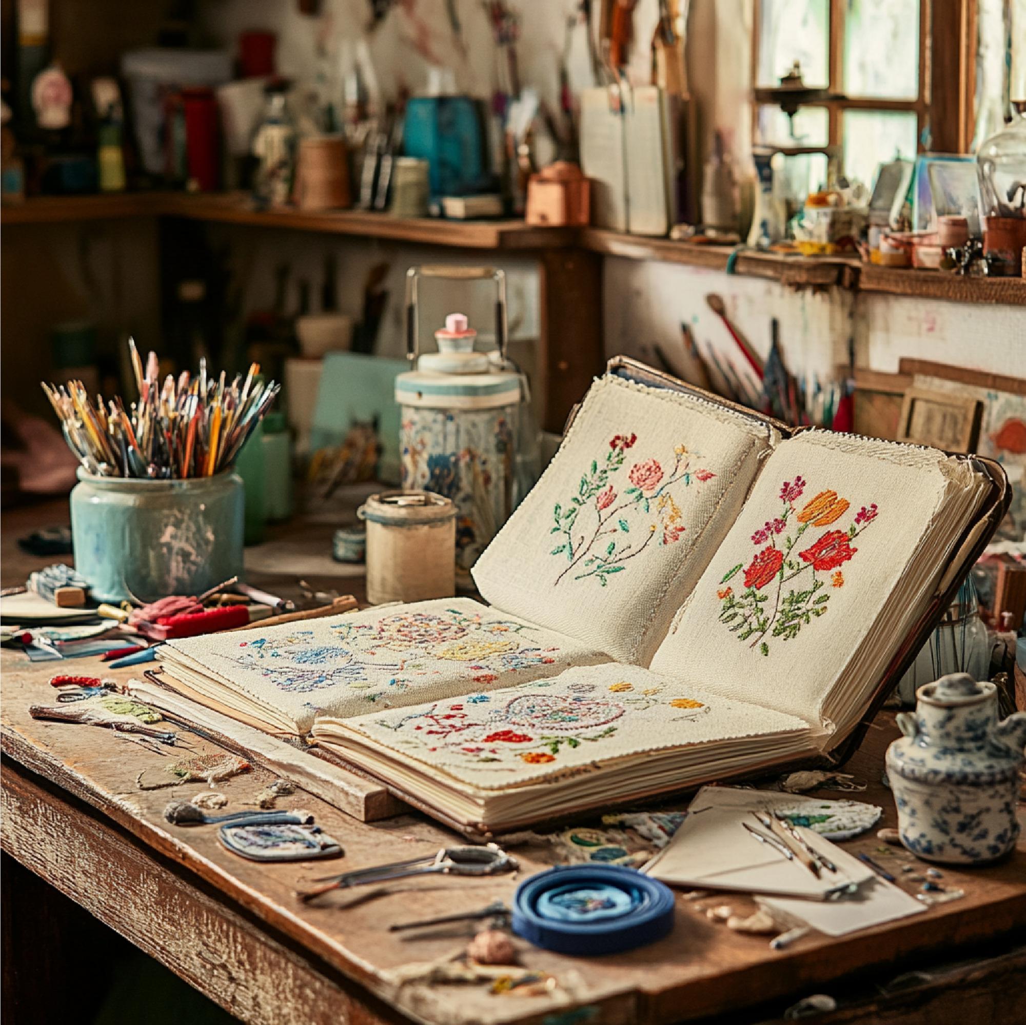 Selection of embroidered samples and notebooks